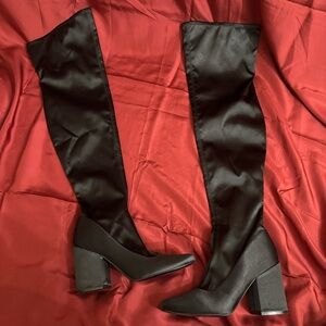Marc Fisher tall over the knee gothic black satin heeled boots